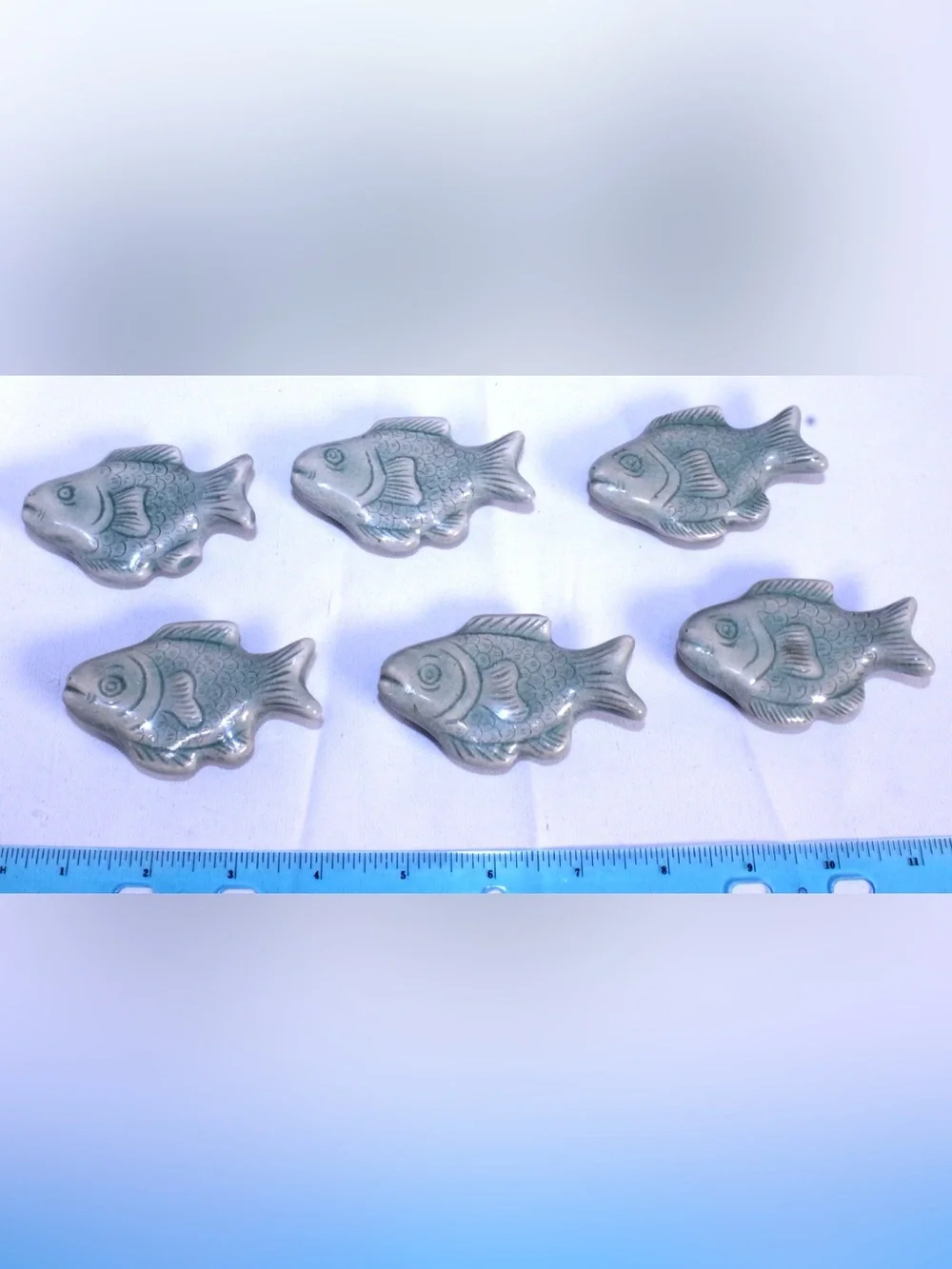 Vintage Pottery Fish Chopstick Rests or Garden decor - Celadon Glazed Set of 6
